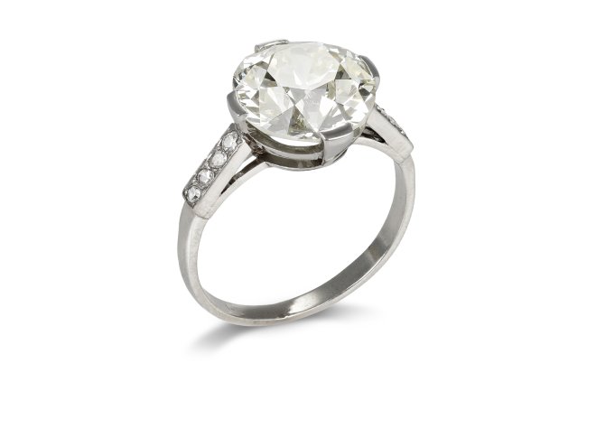 4.51 carat old cut diamond flanked solitaire ring, French, circa 1940.