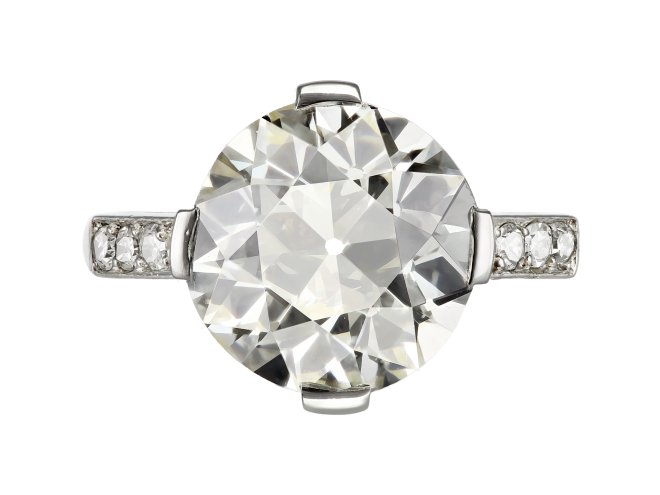 4.51 carat old cut diamond flanked solitaire ring, French, circa 1940.