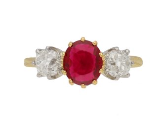 Edwardian Burmese ruby and diamond three stone ring, circa 1905.