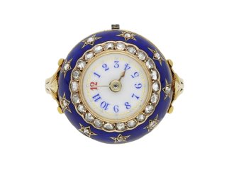 Edwardian enamel and diamond watch ring, circa 1910. 