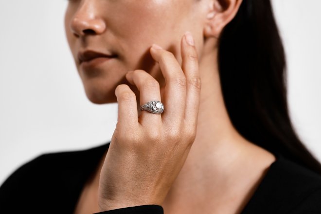 Art Deco cushion shape diamond ring berganza hatton garden