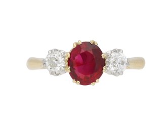 Burmese ruby and diamond three stone ring, circa 1940.