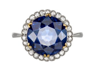 Edwardian Ceylon sapphire and diamond coronet cluster ring, circa 1915.