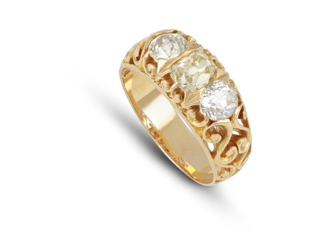Antique diamond three stone ring, circa 1900.