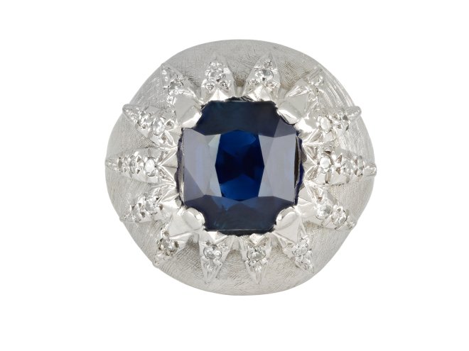 Vintage sapphire and diamond bombé cluster ring, circa 1970.
