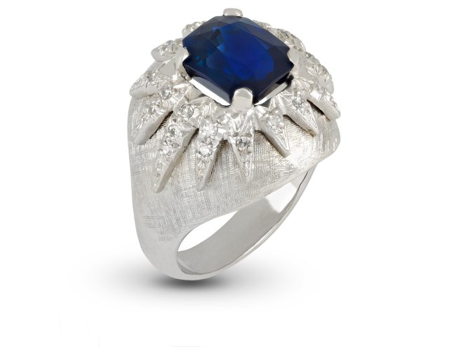 Vintage sapphire and diamond bombé cluster ring, circa 1970.