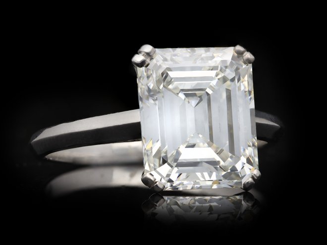 Vintage emerald cut diamond solitaire diamond ring, circa 1950. Hatton Garden