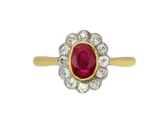 Edwardian Burmese ruby and diamond coronet cluster ring, circa 1910.