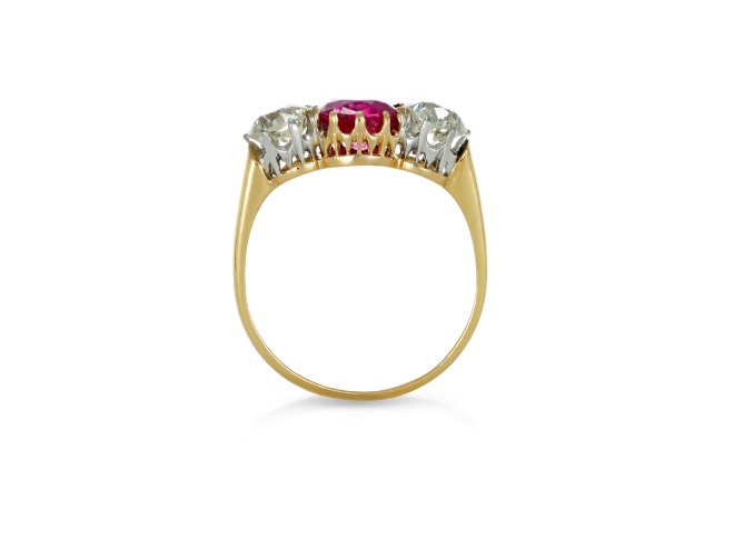 Belle Époque ruby and diamond three stone ring, French, circa 1910.