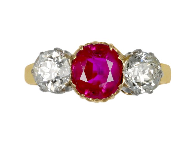 Belle Époque ruby and diamond three stone ring, French, circa 1910.