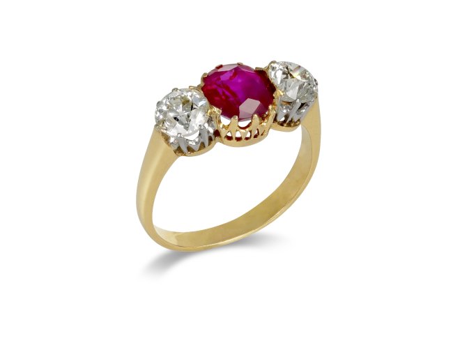 Belle Époque ruby and diamond three stone ring, French, circa 1910.