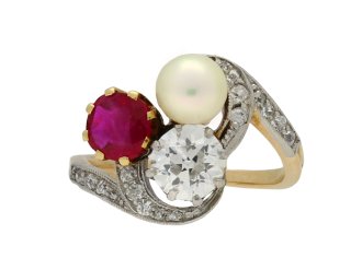 Art Nouveau pearl ruby diamond ring berganza hatton garden