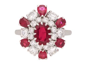 Vintage Burmese ruby and diamond cluster ring, circa 1970. Hatton Garden