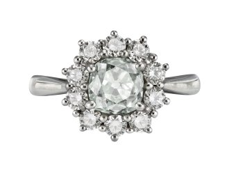 Fancy light yellowish green diamond coronet cluster ring, circa 1970.