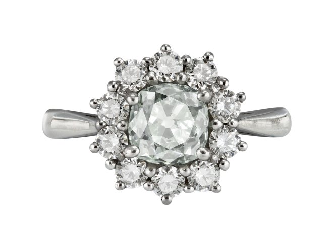 Fancy light yellowish green diamond coronet cluster ring, circa 1970.