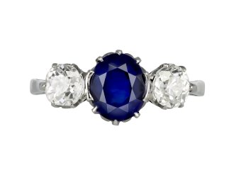 Edwardian Burmese sapphire and diamond three stone ring, circa 1915.