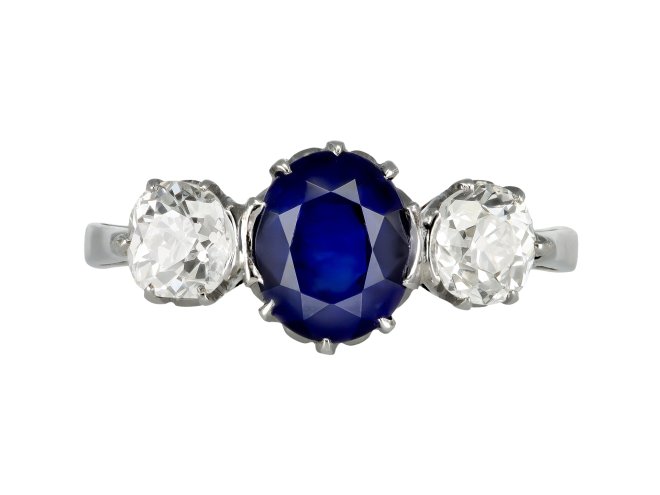 Edwardian Burmese sapphire and diamond three stone ring, circa 1915.