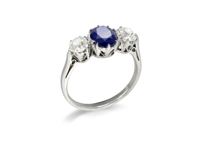 Edwardian Burmese sapphire and diamond three stone ring, circa 1915.
