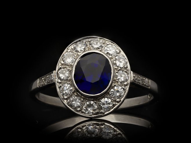 Sapphire and diamond cluster ring, circa 1920. Hatton Garden