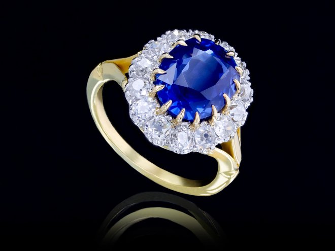 Ceylon sapphire and diamond cluster ring berganza hatton garden