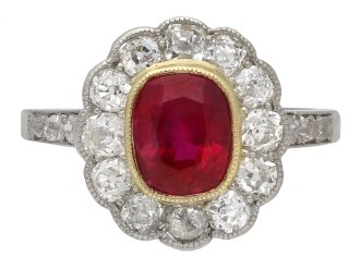 Edwardian Burmese ruby and diamond coronet cluster ring, English, circa 1915. 