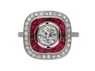 Art Deco ruby and diamond target ring, circa 1920.