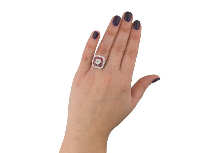 Art Deco ruby and diamond target ring berganza hatton garden