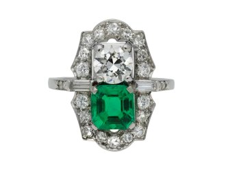 Colombian emerald diamond two stone cluster ring hatton garden