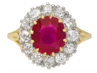 Edwardian Burmese ruby and diamond coronet cluster ring, English, circa 1910. 