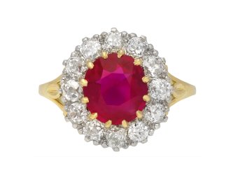 Edwardian Burmese ruby diamond cluster ring berganza hatton garden