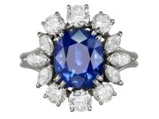 Ceylon sapphire and diamond cluster ring, circa 1950. 