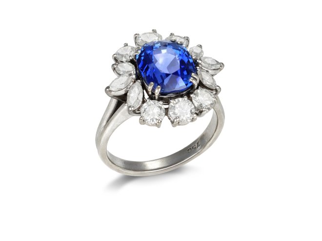 Ceylon sapphire and diamond cluster ring, circa 1950. 