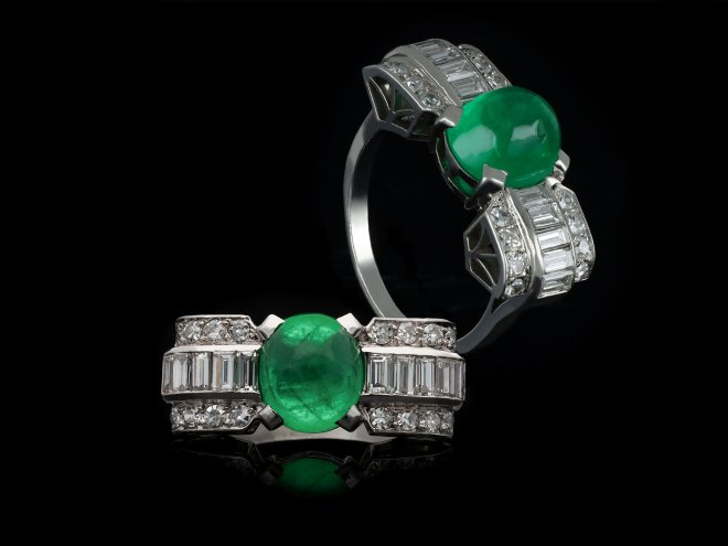 Art Deco cabochon emerald and diamond ring, circa 1925.