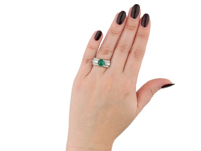 Art Deco cabochon emerald and diamond ring, circa 1925.