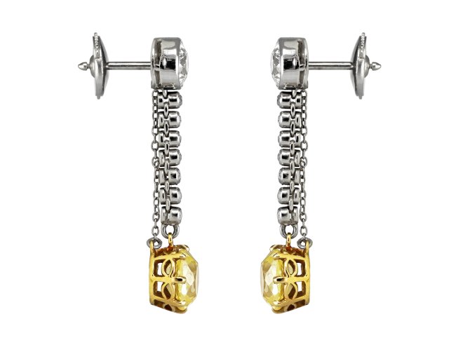 Old mine fancy yellow diamond drop earrings, circa 1910.