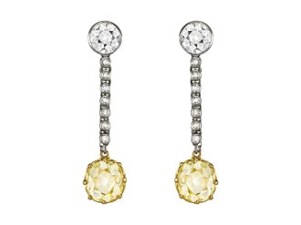 Old mine fancy yellow diamond drop earrings, circa 1910.