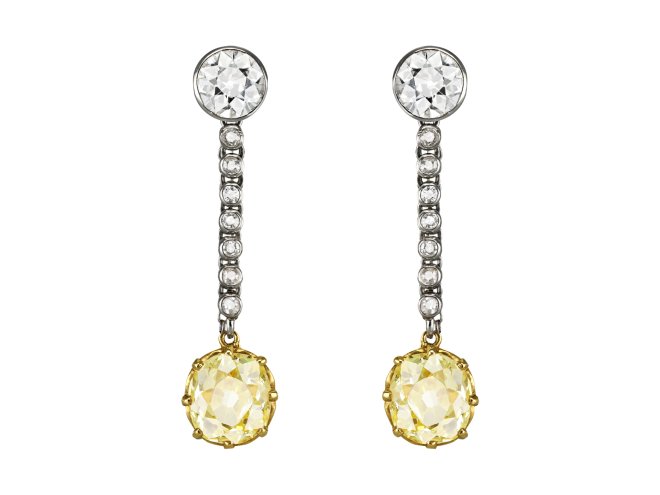 Old mine fancy yellow diamond drop earrings, circa 1910.