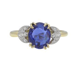 Ceylon sapphire and diamond flanked solitaire ring, circa 1915.