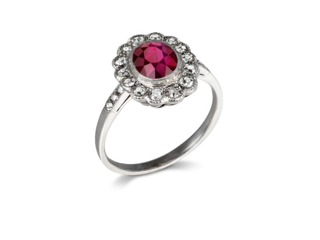 Burmese ruby and diamond coronet cluster ring, circa 1915.