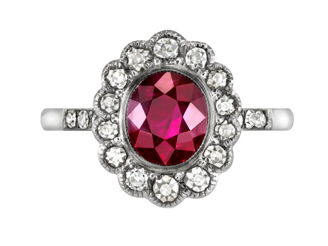 Burmese ruby and diamond coronet cluster ring, circa 1915.
