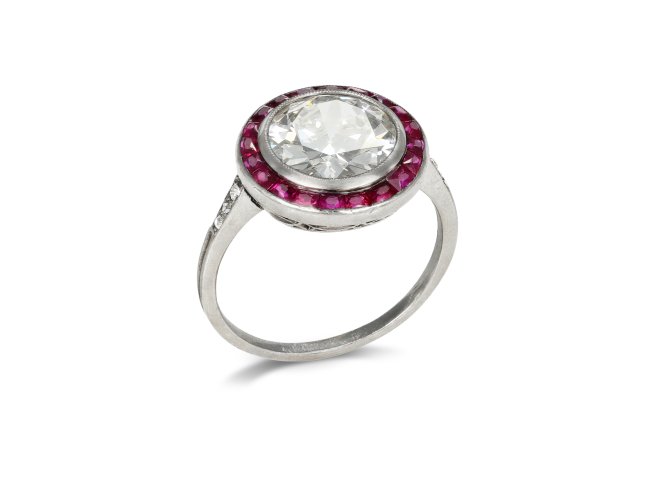 Antique diamond and ruby target ring, French, circa 1920.