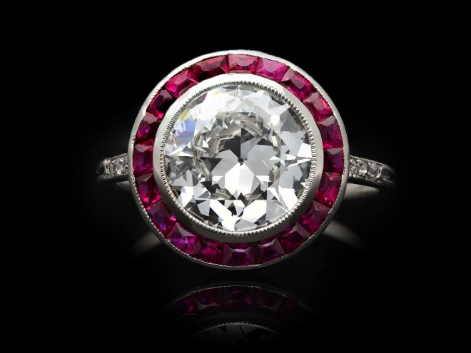 Antique diamond and ruby target ring, French 1920 hatton garden
