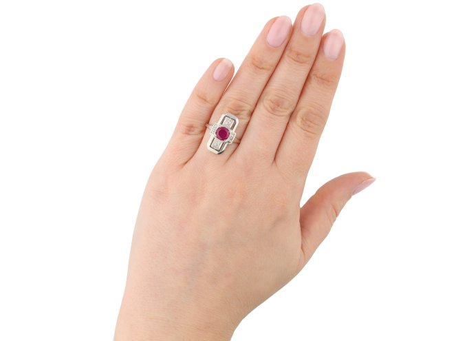 Art Deco Burmese ruby and diamond three stone ring hatton garden