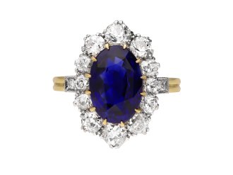 Ceylon Sapphire and diamond coronet cluster ring. hatton garden.