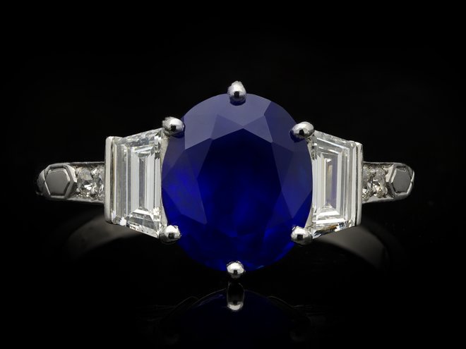 Art Deco Burmese Sapphire Diamond Solitaire Ring hatton garden