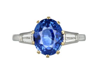 Ceylon sapphire and diamond flanked solitaire ring hatton garden