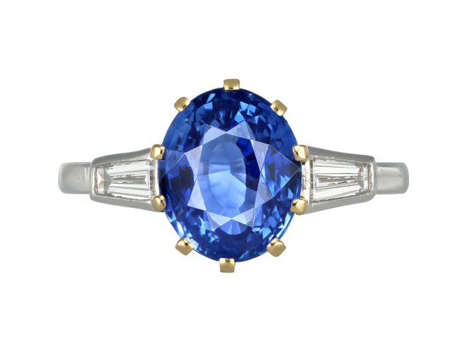 Ceylon sapphire and diamond flanked solitaire ring hatton garden