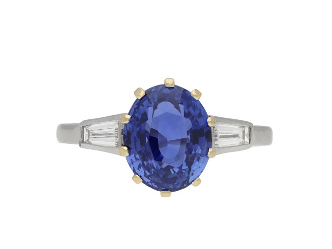 Ceylon sapphire and diamond flanked solitaire ring hatton garden