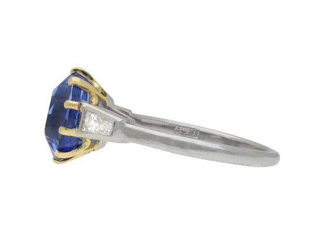 Ceylon sapphire and diamond flanked solitaire ring hatton garden