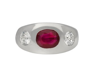 Burmese ruby and diamond three stone ring hatton garden